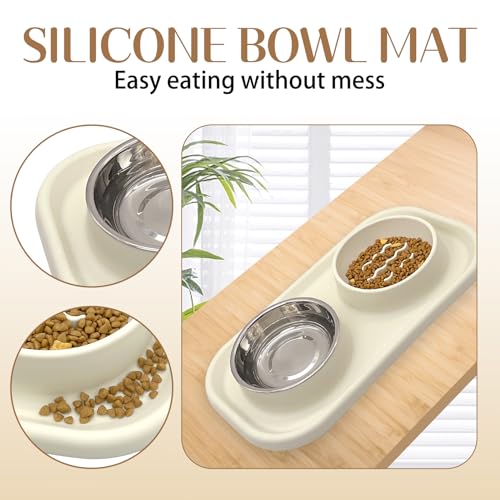 Dog Bowls Set with Feeding Mat Double Puppy Food and Water Bowl Grey (Grey)
