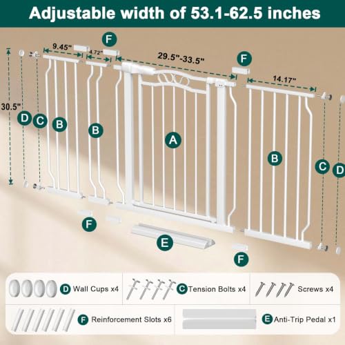 53.1" 62.5" Extra Wide Baby Gate for Doorways Pressure Mounted (White / 53.1"-62.5")