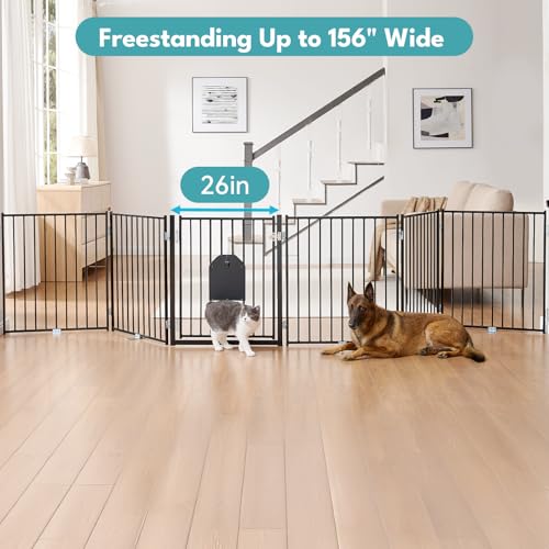 Freestanding Dog Gate with Cat Door for Indoor & Outdoor (Black / 【6 Panels with Cat Door】30''Tall, 156" Wide)