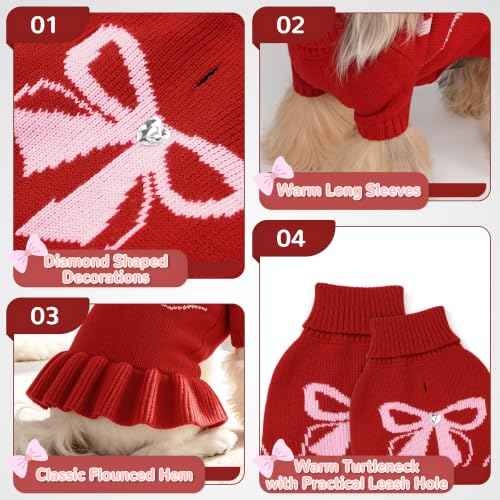 Bowknot Dog Sweater Dress for Small Dogs Girl (Large (14-21lbs) / Red)