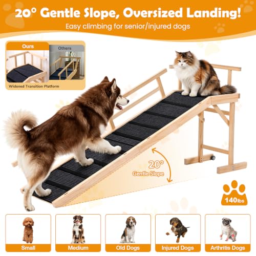 74" Wooden Dog Ramp with Platform & Wheels Gentle Slope Non (XL-74"L×17"W×25"H)