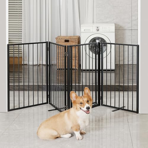 Metal Freestanding Dog Gates with Door for Outdoor Indoor (Black / 【4 Panels with Door】 24''H*80''W)