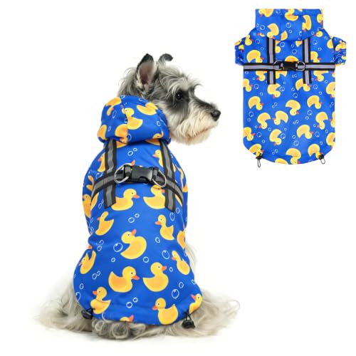 Dog Raincoat with Hood & Harness Built (S (Back 13.2", Chest 18.5", Neck 13.9") / Blue)