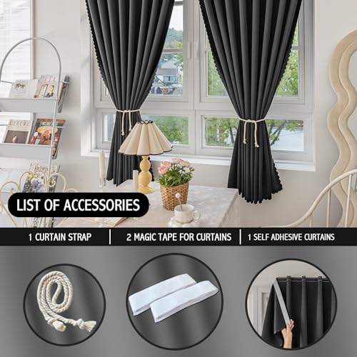 Magic Tape Stick on Curtains Blackout Curtains for Bedroom no Drillng Self Adhesive Curtain no Rod Small Window (Black / 59"W x 79"L (Pack of 2))