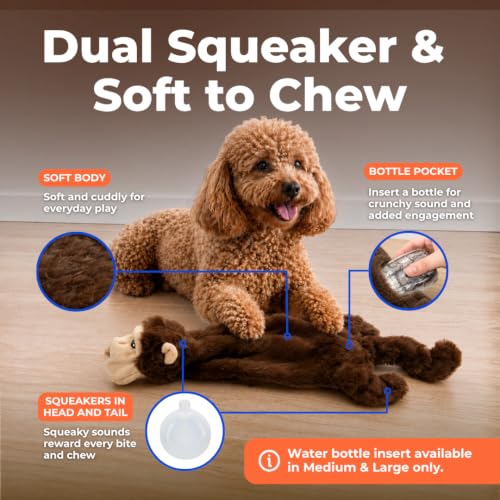 2-in-1 Stuffless Squeaky Dog Toy - Monkey, Medium (Brown Monkey / Medium)