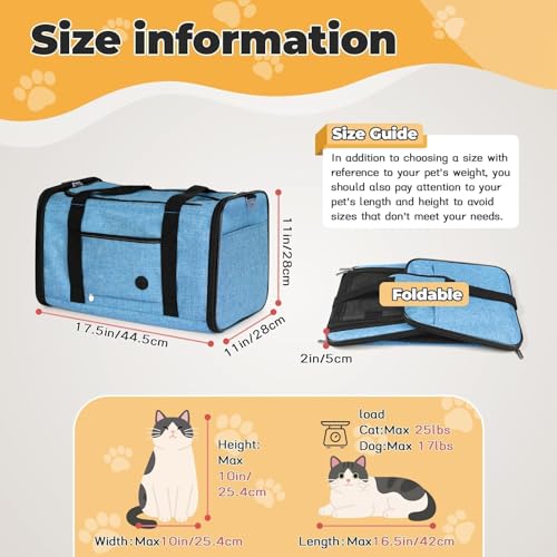 2 Packs 25 lbs Soft Sided Pet Carrier for Large Cat & Small Dog (17.5"L x 11.0"W x 11.0"H / Lake blue*1+Grey green*1)