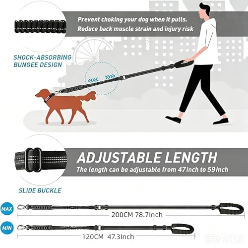 2 Pack Bungee Leash for Large Dogs that Pull (Black+Black)