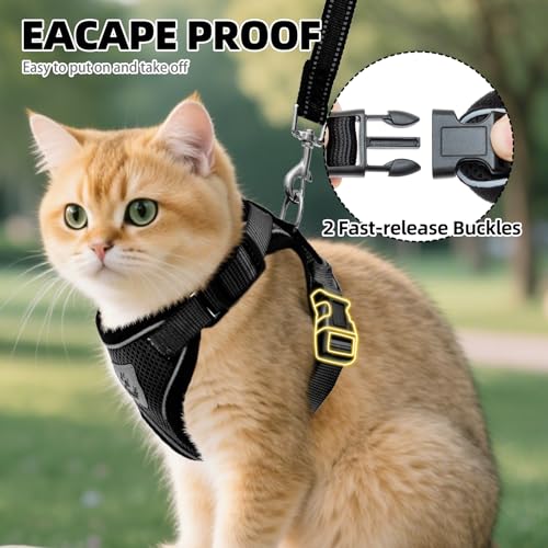 Cat Harness and Leash Set Escape Proof Reflective Cat Walking Harness Adjustable Soft Breathable Mesh Vest for Small Pets (S (NECK 9.5"-11", CHEST 13"-16") / Black)