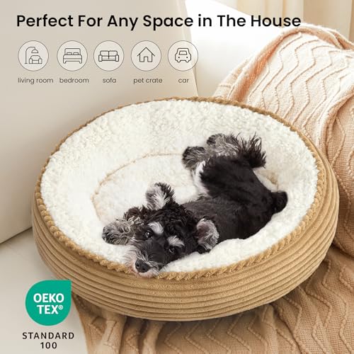 Round Donut Cat and Dog Cushion Bed (Beige / 24.0"L x 24.0"W x 6.5"Th)