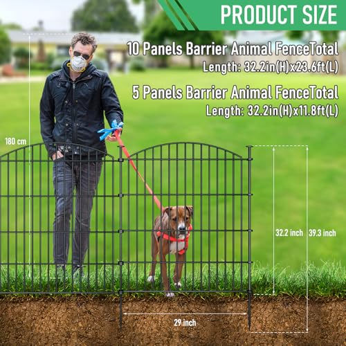 10 Panel No Dig Metal Garden Fence 32"H x 23.6'L Dog Fence Outdoor for Yard (10pc 23.6 ft(L) X 32 in(H)-Convex)