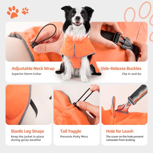 Dog Raincoat Adjustable Dog Rain Jacket Poncho with Leash Hole (Orange / M:33-44 lbs)