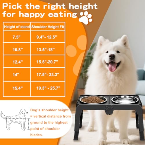 Elevated Dog Bowls for Large Dogs 5 Adjustable Heights 7.5" (Black / 10" for Large Dogs)