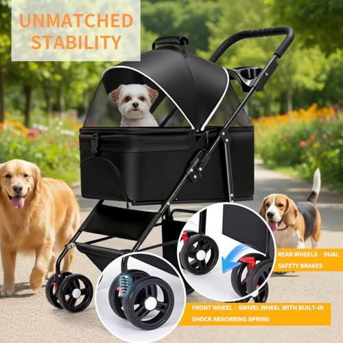 3-in-1 Pet Stroller for Small/Medium Dogs Cats,4 Wheels,Detachable Carrier Basket,Breathable Mesh,Storage Basket,Cup Holder,Weather Cover,Black (Black)