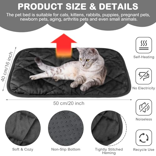 2 Pack Self Heating Cat Mat Self Warming Pet Pads Washable Kennel Mat Dog Crate Pad Reflects Body Heat Non Skid Cat Thermal Pads for Puppy Indoor Outdoor (16 x 20 inches / Black)