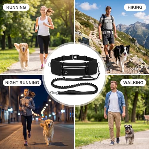 Hands Free Dog Leash 3 Zipper Pounchs with Reflective Strips Poop Bag Dispenser (Black)