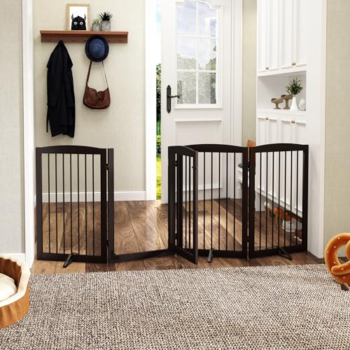 Freestanding Dog Gates with Door Walk Through (4 Panel 32" / Dark Brown)