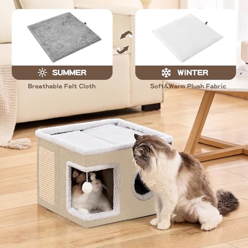 Large Cat Houses for Indoor Cats with Fluffy Ball and Scratch Pad (SingleAK / Large)