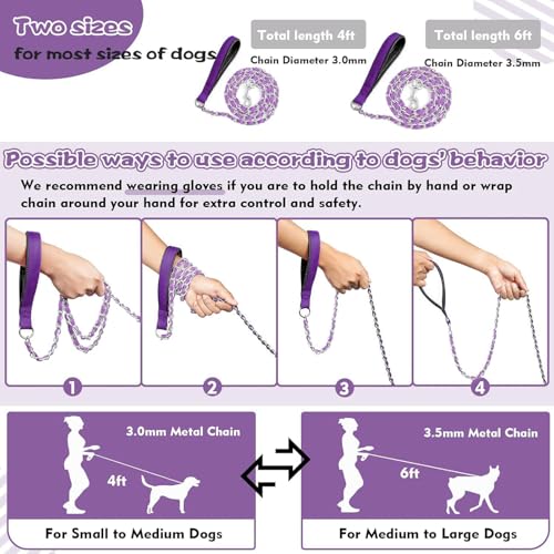 Metal Chain Dog Leash Chew Proof for Dogs (Purple / 6FT 3.0mm (Medium dogs))