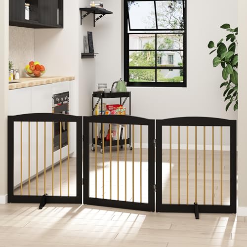 Freestanding Pet Gate for Dogs (24" Height-3 Panel / Black & Gold)