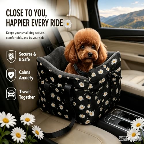 Center Console Dog Car Seat for Small Dogs Up to 11 Lbs (Black daisy)