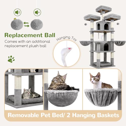 Big XL Cat Tower for Indoor Multiple Cats (Light Grey / 68 inch)