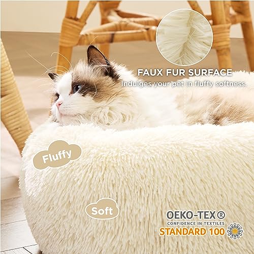 Calming Cat Beds Donut Round Washable Kitten Bed (20"L x 20"W x 6"Th / Ivory Beige)