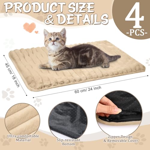 4 Pack Self Warming Cat Bed 24"x18" Self Heating Dog Cat Pad Bulk Crate Bed Extra Warm Thermal Big Pet Pad for Indoor Outdoor Pets Houses with Removable Washable Cover Non Slip (Apricot)