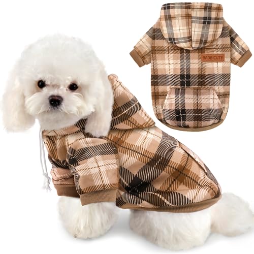 Dog Basic Hoodie Soft Dog Clothes Cold Weather Sweaters for Medium Large Dogs Cozy Fabric Warm Sweatshirt with Leash Hole for Boys (Khaki Plaid / XS (Back: 10.24",Chest: 14.96", 2-5 lbs))