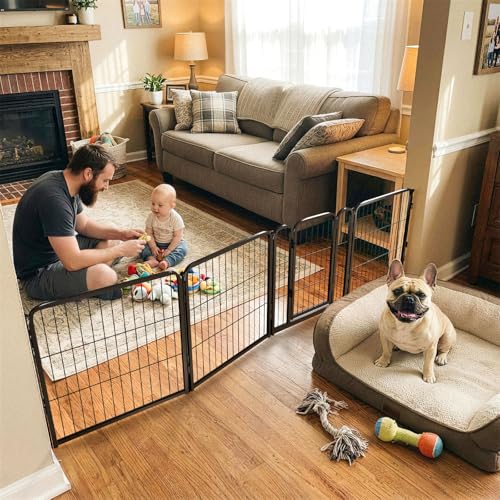 Dog Gate Extra Wide Adjustable for Openings Up to 92" (Black / Up to 92" W【3 Panels + 1 Door】 / 24"H)