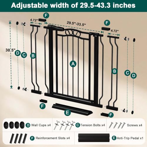 29.5" 43.7" Extra Wide Baby Gate for Stairs Auto Close Dog Gate (Black / 29.5"-43.3")