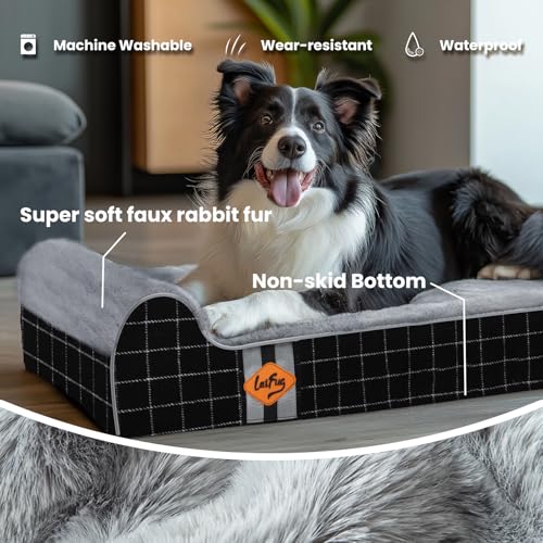 Orthopedic Dog Beds for Large Dogs (46.0"L x 28.0"W x 8.0"Th / Black Grid Gray)