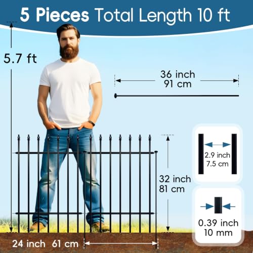 32" H x 24" W Metal Garden Fence (Black / 32″ H x 10 ft (5 Panels))