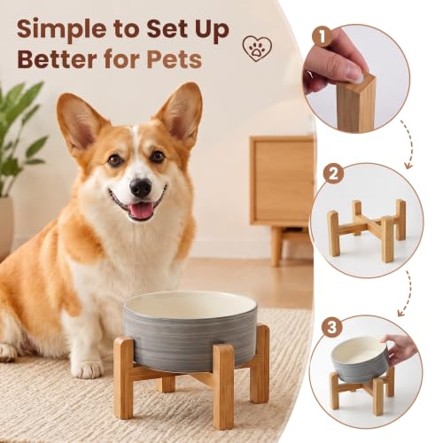Elevated Ceramic Dog Bowl with Bamboo Stand (White Gray / 3.6Cup)
