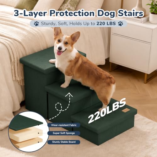 3 Step Wide Dog Stairs with Hidden Storage 18" H (Dark Green / 30"D x 17"W x 17.7"H)