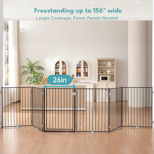 Freestanding Dog Gate with Door for Indoor & Outdoor (Black / 【6 Panels with Door】156"W×36"H)