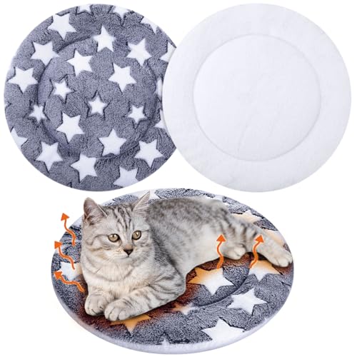 2 Pack Self Heating Cat Pad Self Heating Cat Bed Machine Washable Heat Pet Mat Reversible Body Thermal Warm Round Dog Bed Crate Blanket for Feral and Indoor Cats (16'' / Blue Large Star)