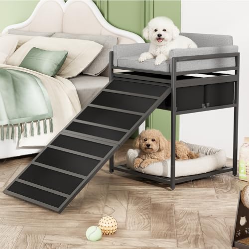 Dog Window Perch & Retractable Stairs and Storage Drawers (Black&Grey)