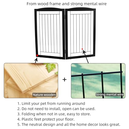 Freestanding Foldable Dog Gate for House Extra Wide Wooden Indoor Puppy Gate Stairs Doorways Pet Gate Tall Dog Fence 2 Panels Fence Black (Black / 【2 Panels】40''w x 32''h)