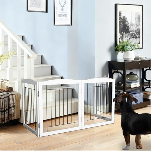 Freestanding Foldable Dog Gate for House Extra Wide Wooden White Indoor Puppy Gate Stairs Dog Gates Doorways Tall Pet Gate 4 Panels Fence (White / 【4 Panels】80''w x 24''h)