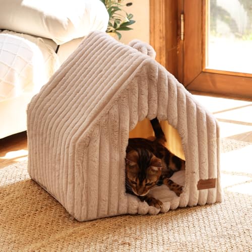 Cat Bed Cave Enclosed Washable Covered Dog Bed with Support Frame (Pink Beige / 17 Inch (Cats up to 15 lbs, Dogs up to 10 lbs))