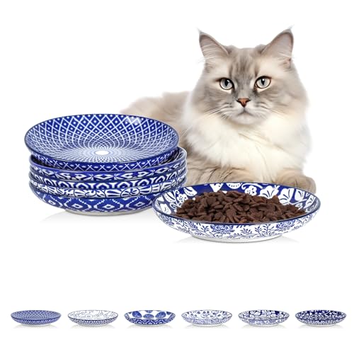 6 Inch Ceramic Cat Bowls (6 Inch, Set of 6 / Vintage Blue)