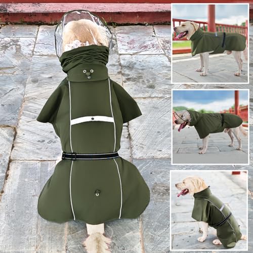 Pet Dog Raincoat Jacket Large Dog Rain Poncho with Transparent Hood (Army Green / L-Fit for 6-12 lbs)
