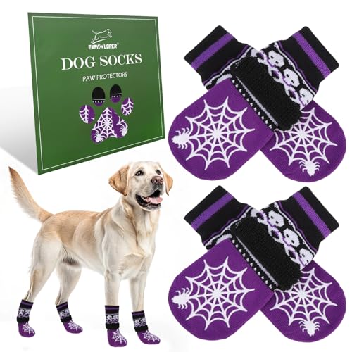 Halloween Anti Slip Dog Socks to Prevent Licking Paws (Large (4 Count) / Halloween Purple)