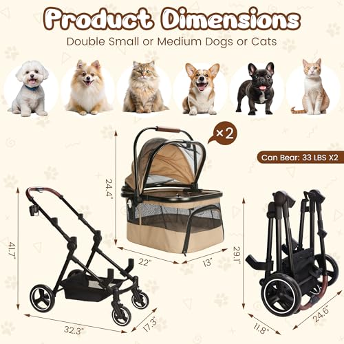 Foldable Double Pet Stroller for 2 Small Medium Cats Dogs (Khaki / Double)