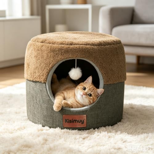 2-in-1 Cat Bed Cave, Cozy Covered Cat Beds for Indoor Cats,Pet Bed (Brown / S-15.7"Lx15.7"Wx13"H)