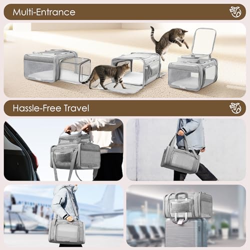 Top and 2 Sides Expandable Cat Carrier 18x13.5x9.5 TSA Airline Approved (Grey / 18.0"L x 13.5"W x 9.5"H)