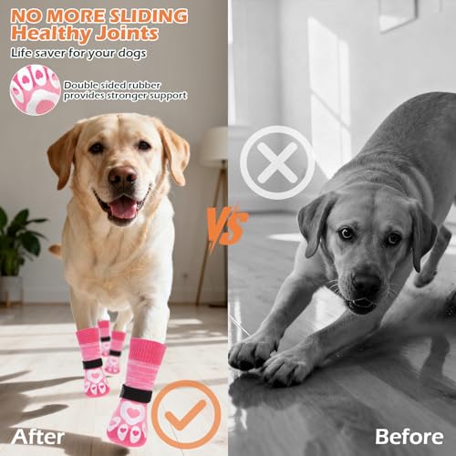 Dog Socks to Prevent Licking Paws with Grippers for Hardwood Floors Anti Slip (Pink / Large)