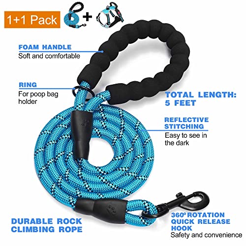 No Pull Dog Harness Adjustable Reflective Oxford Easy Control Medium Large Dog Harness with A Free Heavy Duty 5ft Dog Leash (Blue/Grey / Large)