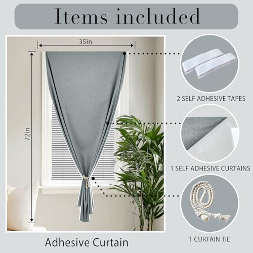 100% Blackout Self Adhesive Curtains Portable Curtain Simple and Easy to install Bedroom Window Thermal Lnsulated Kitchen Room Darkening Black Small Drapes (34"W x 72"L (Pack of 1) / Light Grey)