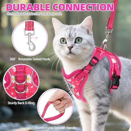 Cat Harness and Leash Set Escape Proof Reflective Cat Walking Harness Adjustable Soft Breathable Mesh Vest for Small Pets (M (NECK 11"-13.7", CHEST 16"-20") / Fuchsia Daisy)